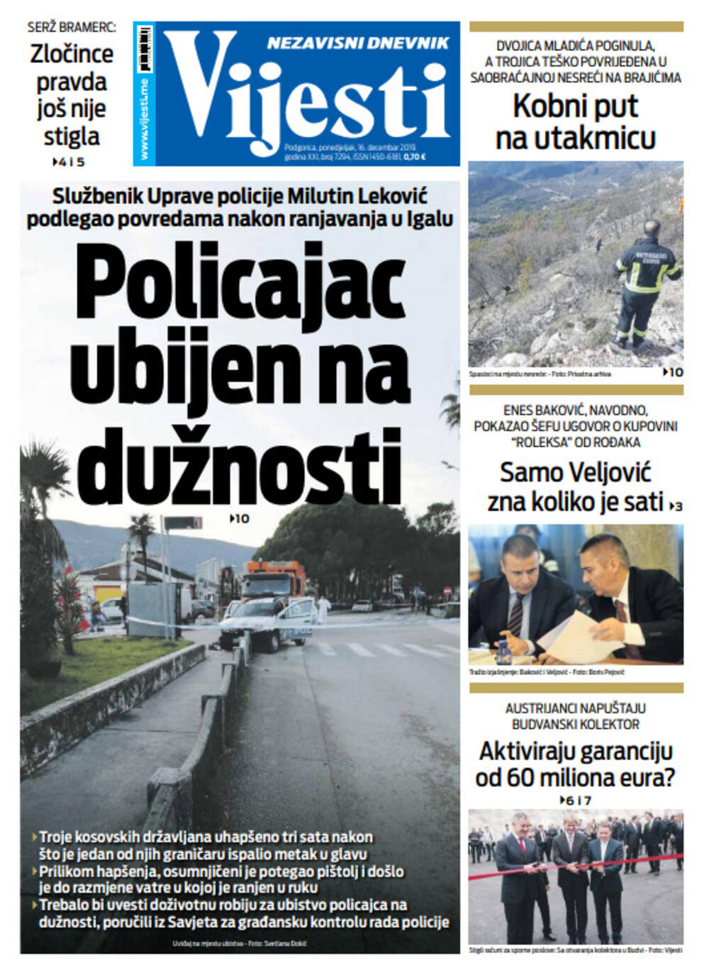 Naslovna strana "Vijesti" za 16. decembar, Foto: "Vijesti"