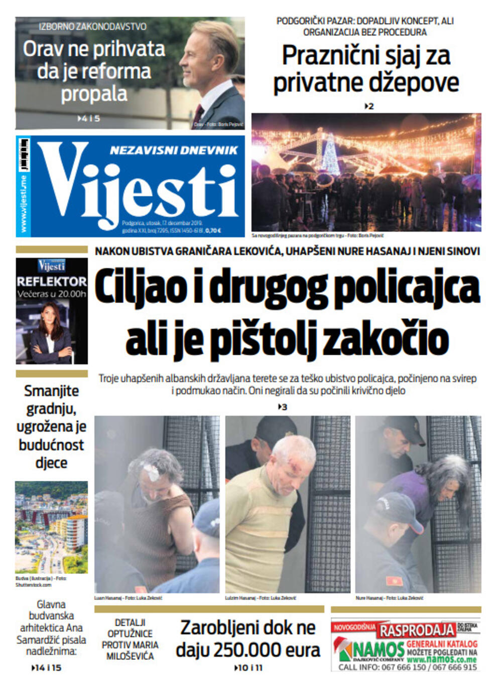 Naslovna strana "Vijesti" za 17. decembar 2019., Foto: Vijesti
