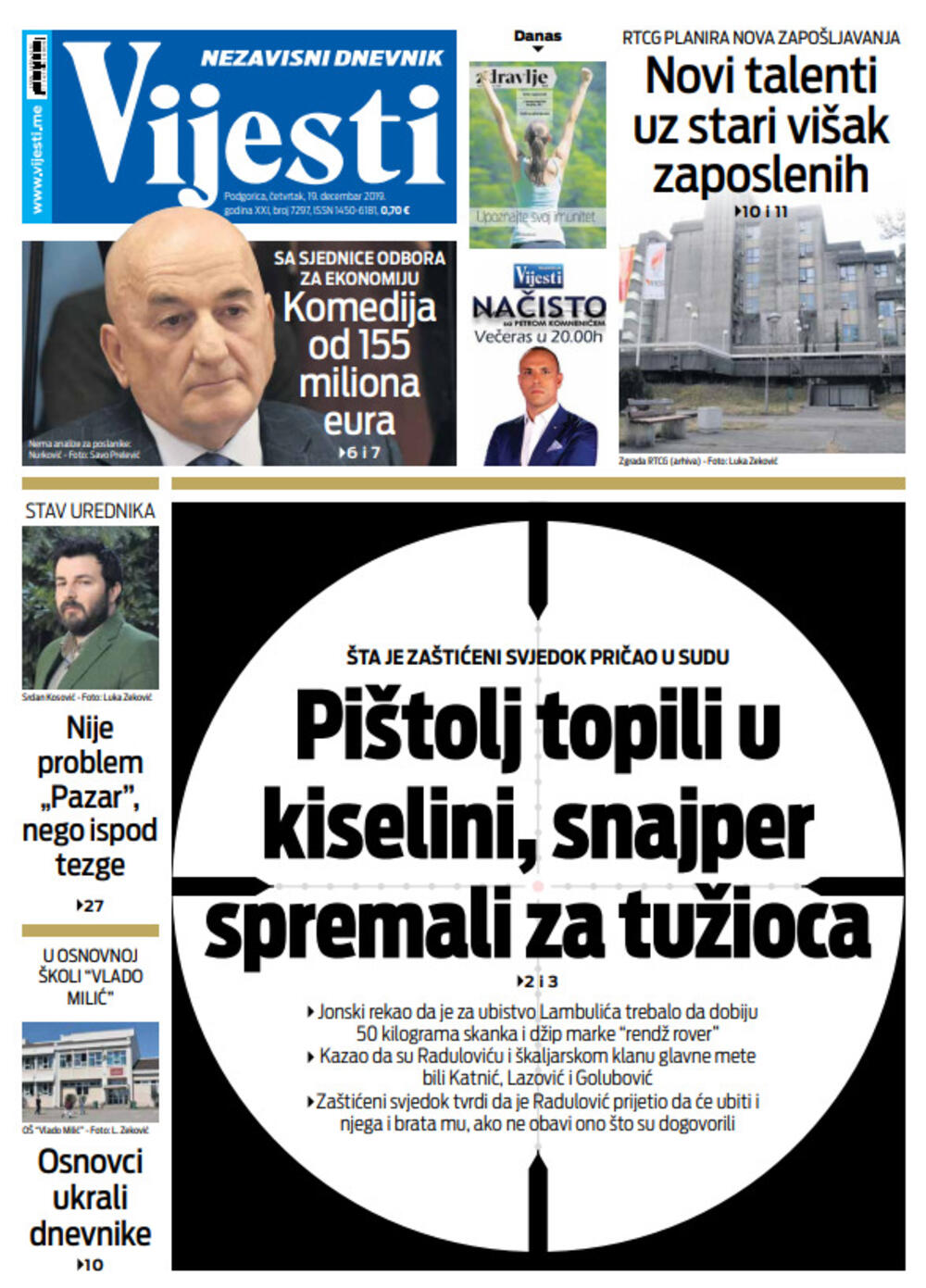 Naslovna strana "Vijesti" 19.12., Foto: Vijesti