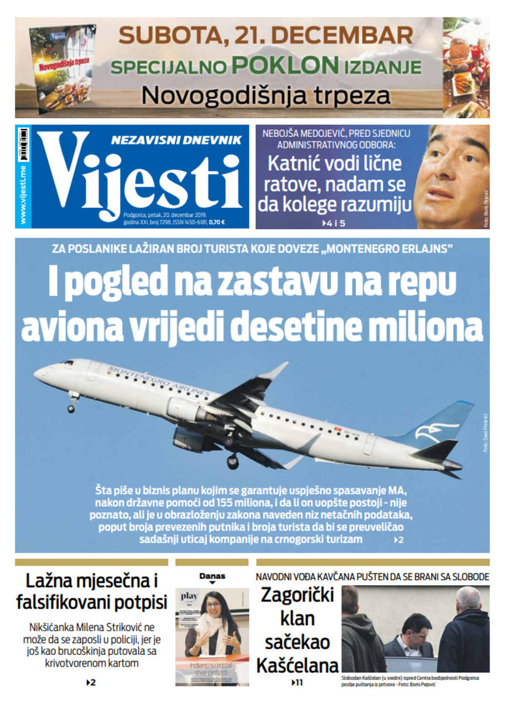 Naslovna strana "Vijesti" za 20. decembar 2019., Foto: Vijesti
