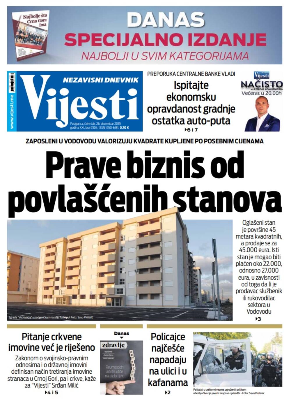 Naslovna strana "Vijesti" za 26. decembar 2019. godine, Foto: "Vijesti"