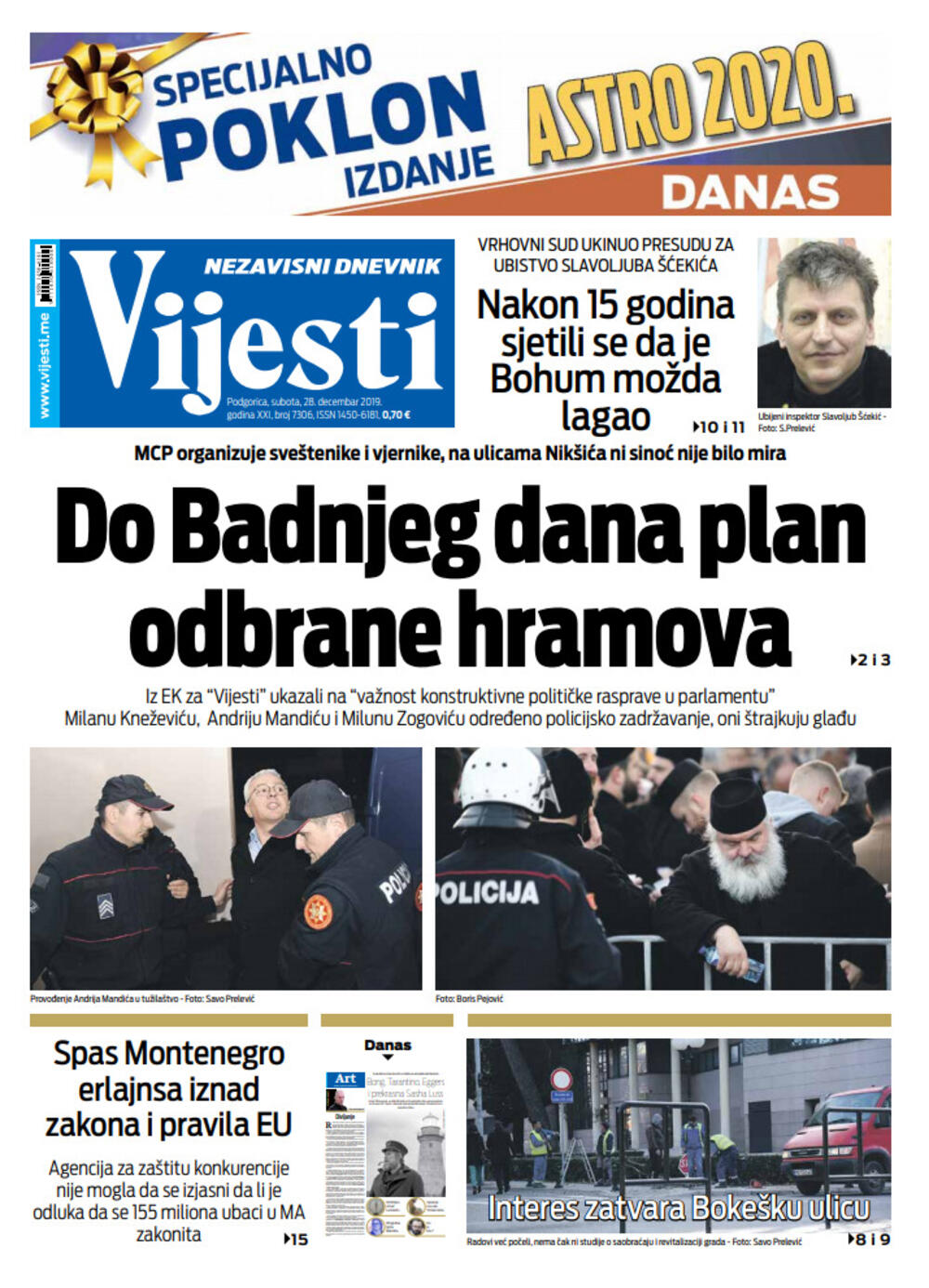 Naslovna strana "Vijesti" za. 28. decembar 2019., Foto: Vijesti