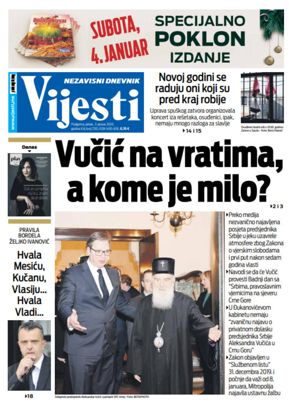 Naslovna strana "Vijesti" za treći januar, Foto: "Vijesti"