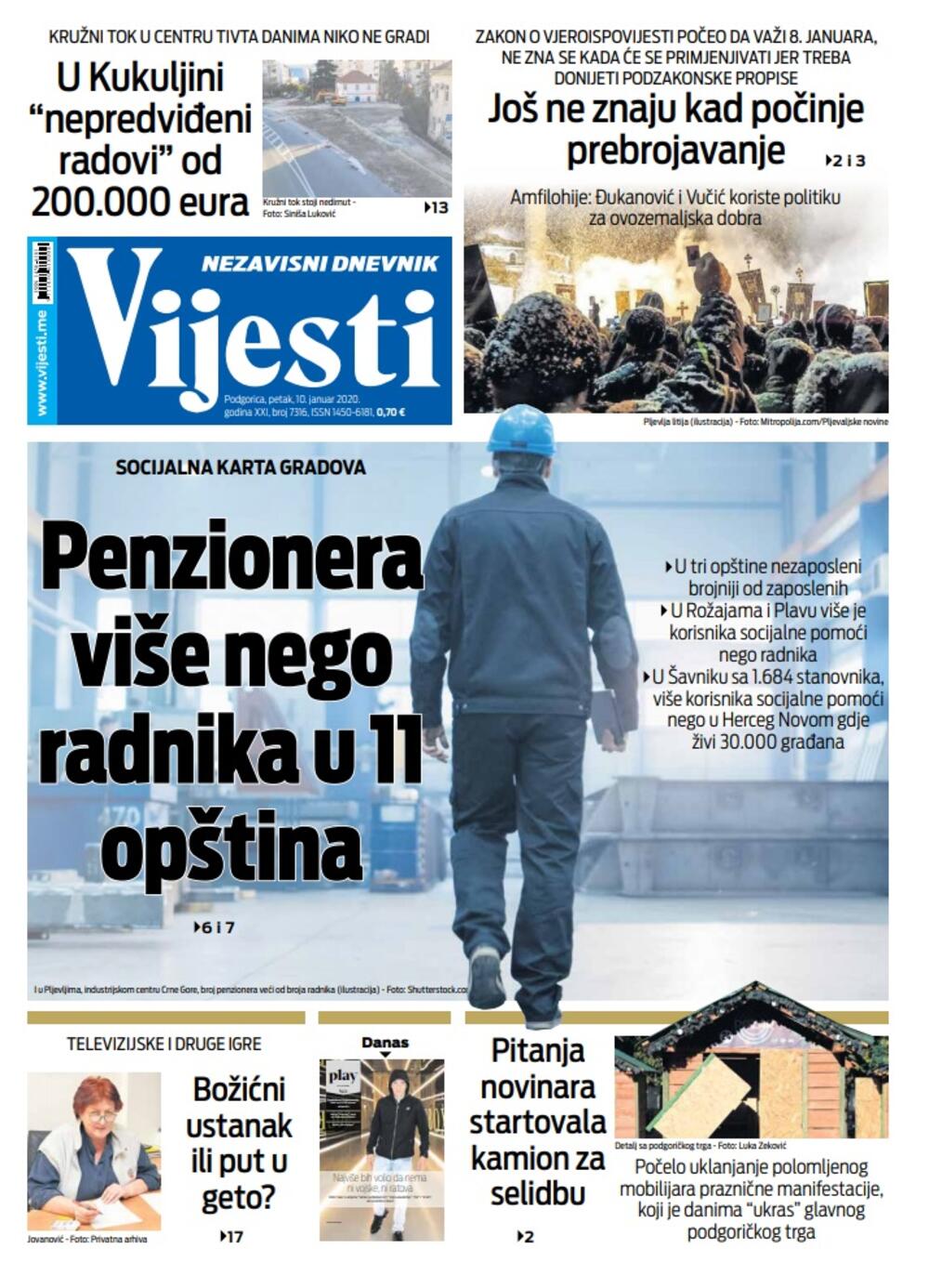 Naslovna strana "Vijesti" za 10. januar 2020., Foto: Vijesti