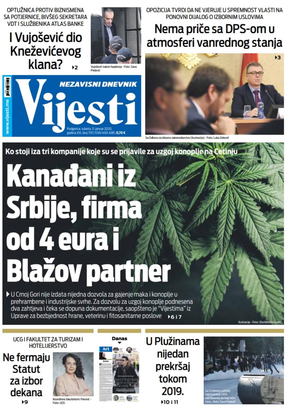 Naslovna strana "Vijesti" za 11. januar 2020. godine, Foto: "Vijesti"