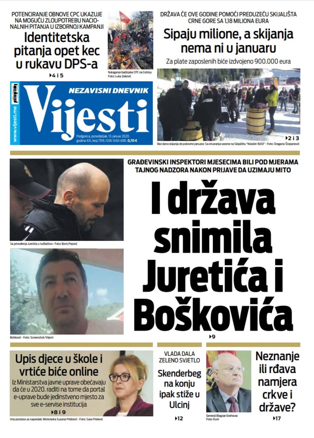 Naslovna strana "Vijesti" za 13. januar 2020. godine, Foto: Vijesti