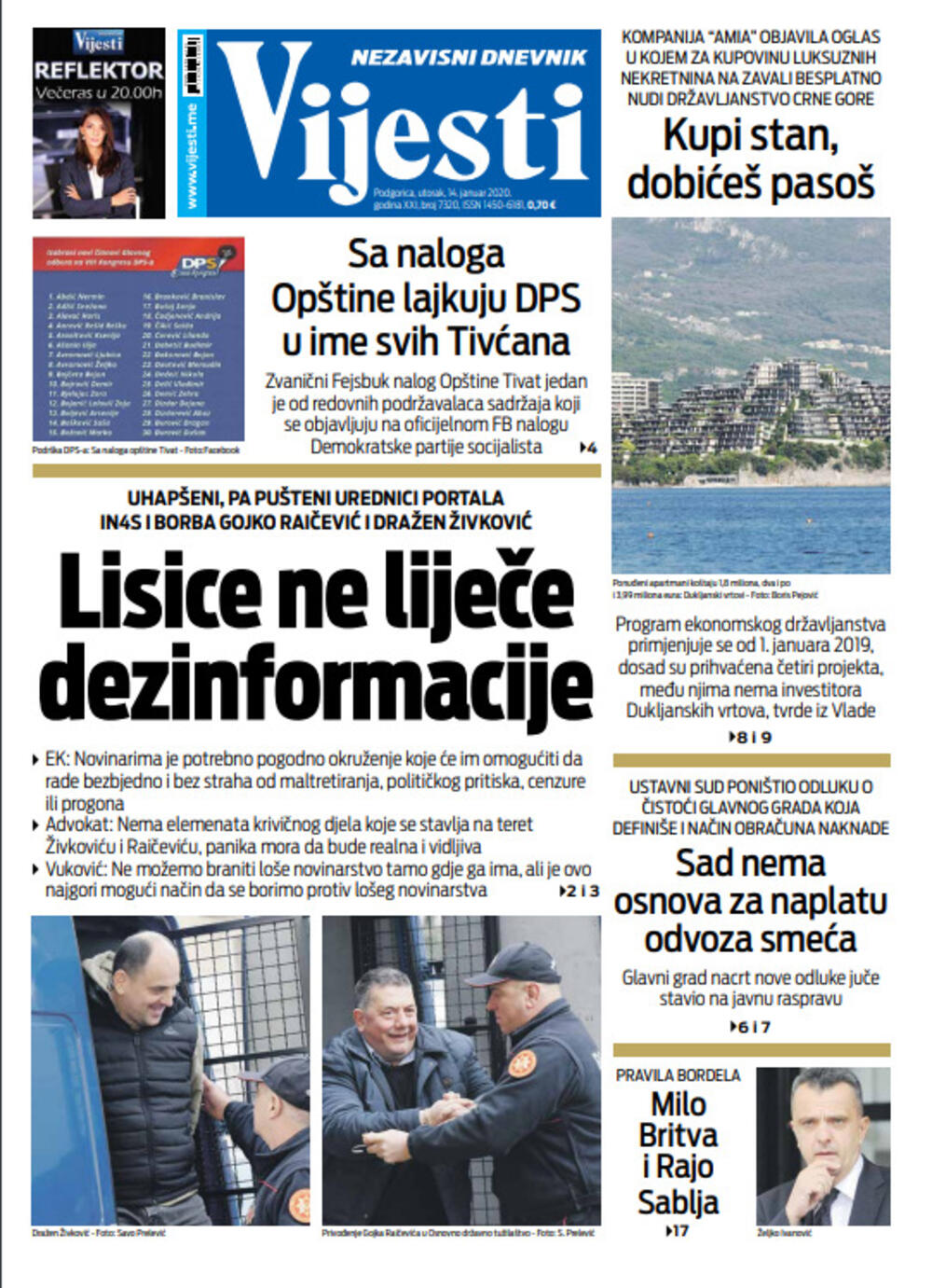 Naslovna strana "Vijesti" za 14. januar. 2020. godine, Foto: Vijesti
