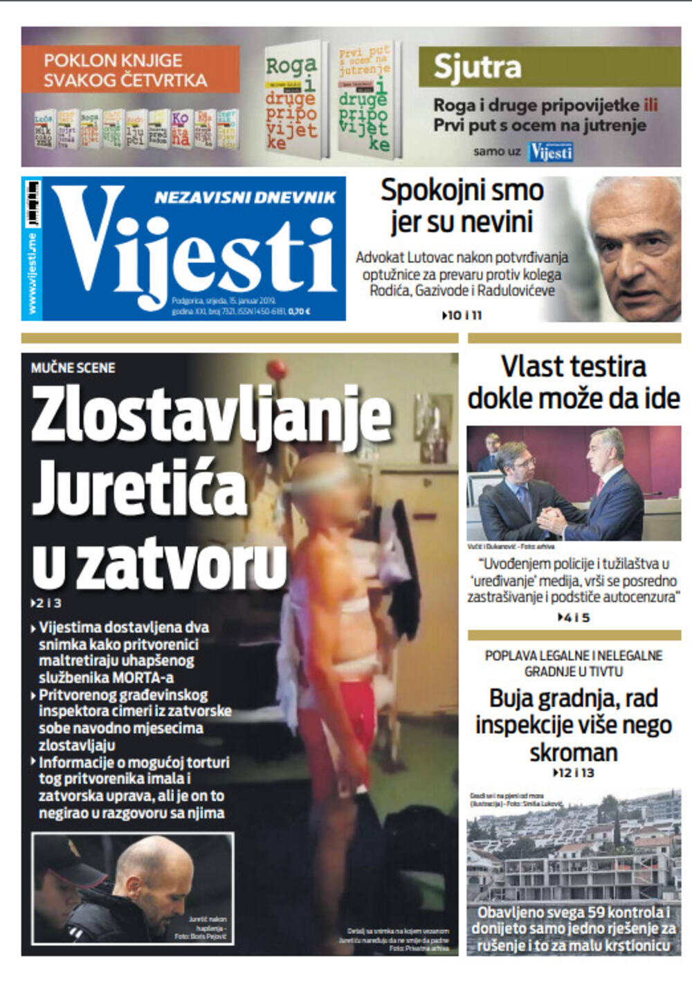 Naslovna strana "Vijesti" za 15. januar 2020. godine, Foto: Vijesti