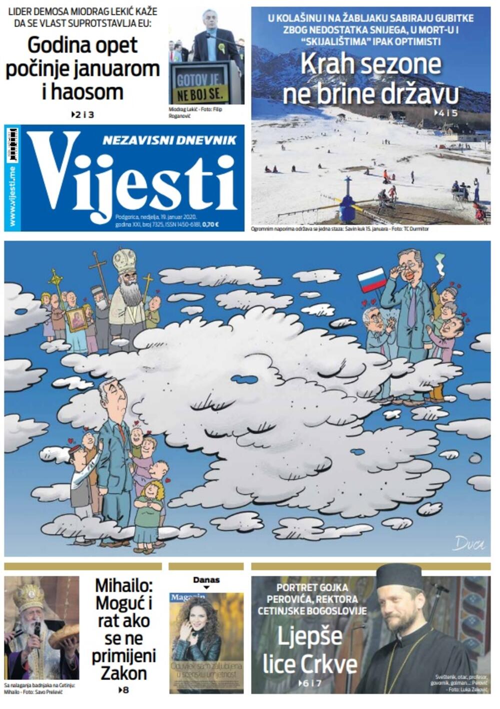 Naslovna strana "Vijesti" za 19. januar 2020. godine, Foto: "Vijesti"