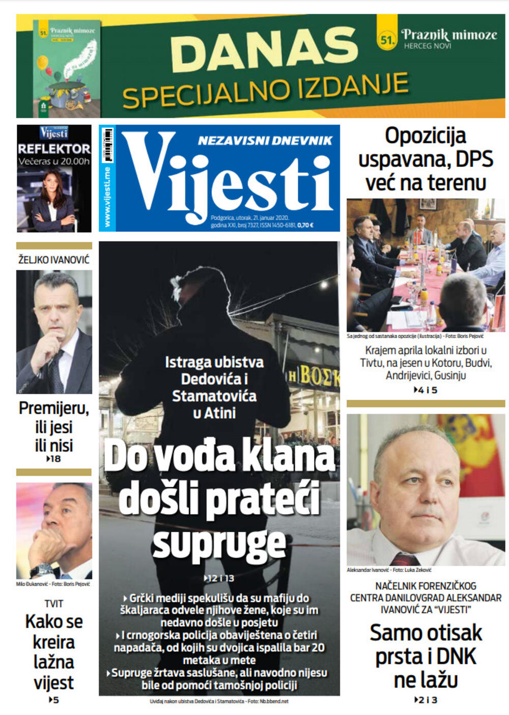 Naslovna strana "Vijesti" za 21. januar 2021. godine, Foto: Vijesti