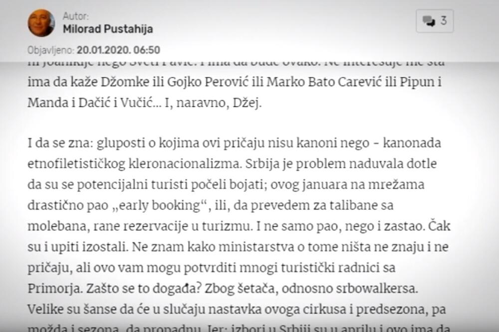 Ima li govora mržnje u tekstu "Pismo premijeru" Milorada Pustahije?, Foto: Screenshot/TV Vijesti