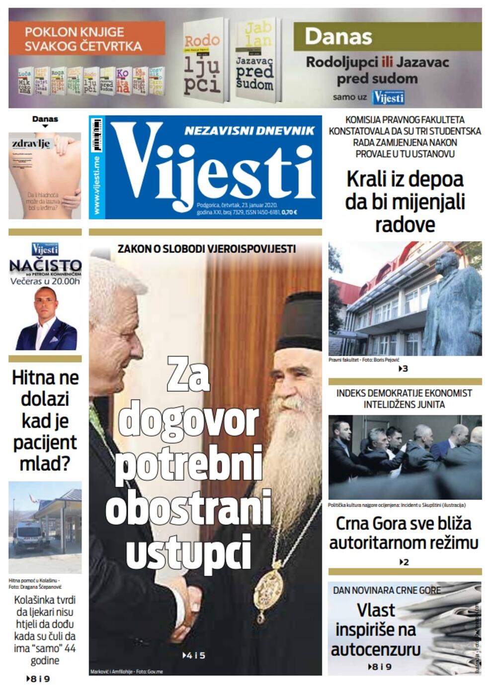 Naslovna strana "Vijesti" za 23. januar 2020. godine, Foto: "Vijesti"
