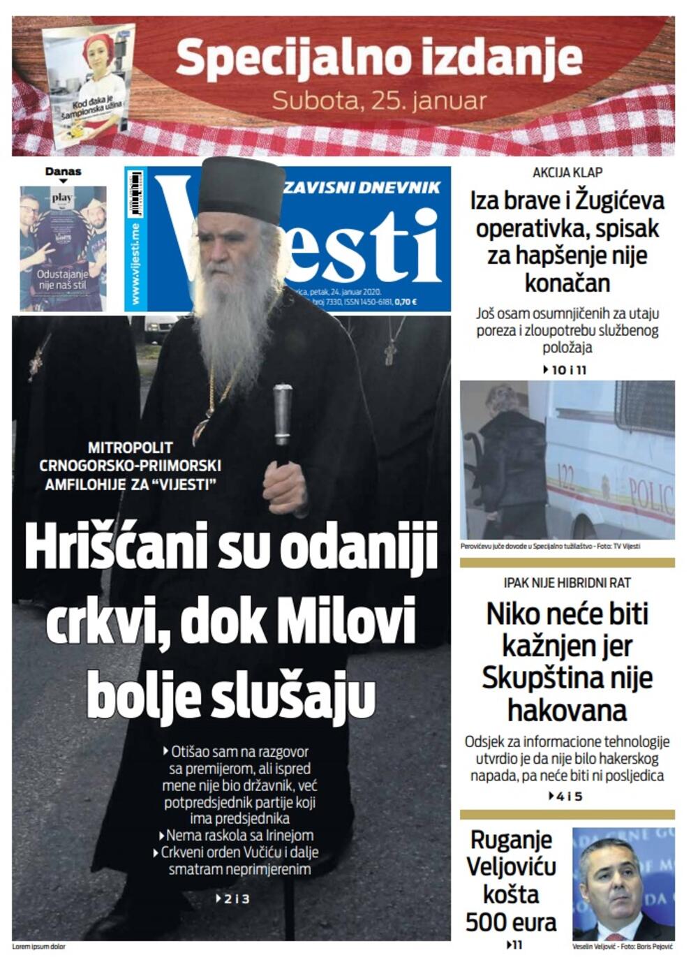 Naslovna strana "Vijesti" za 24. januar 2020. godine, Foto: "Vijesti"
