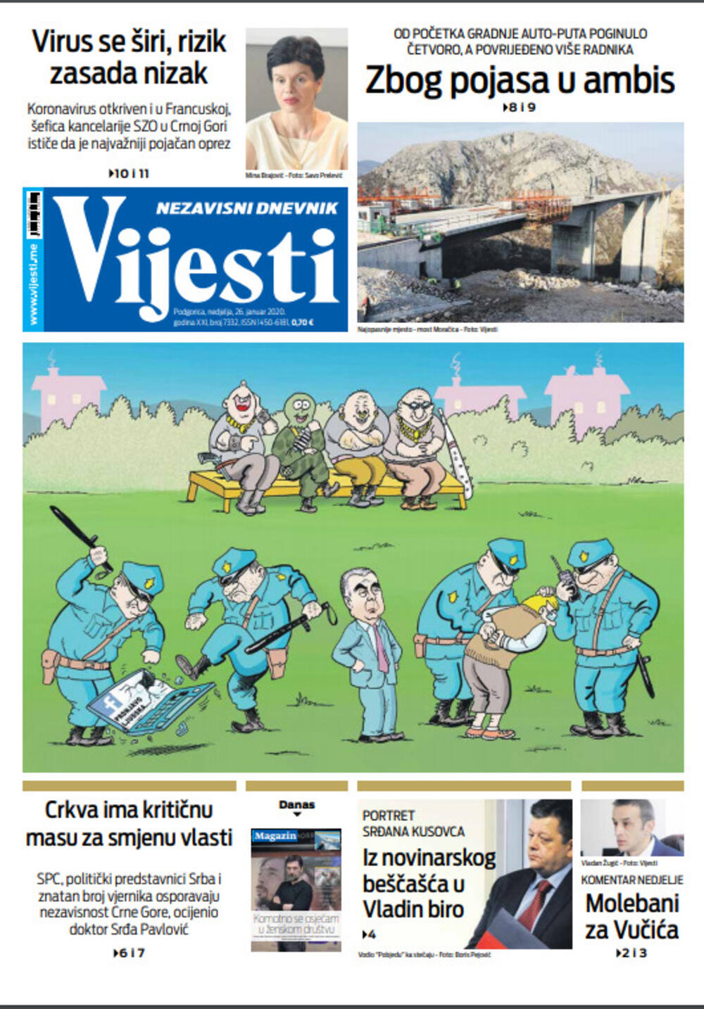 Naslovna strana "Vijesti" za 26. januar 2020. godine, Foto: "Vijesti"
