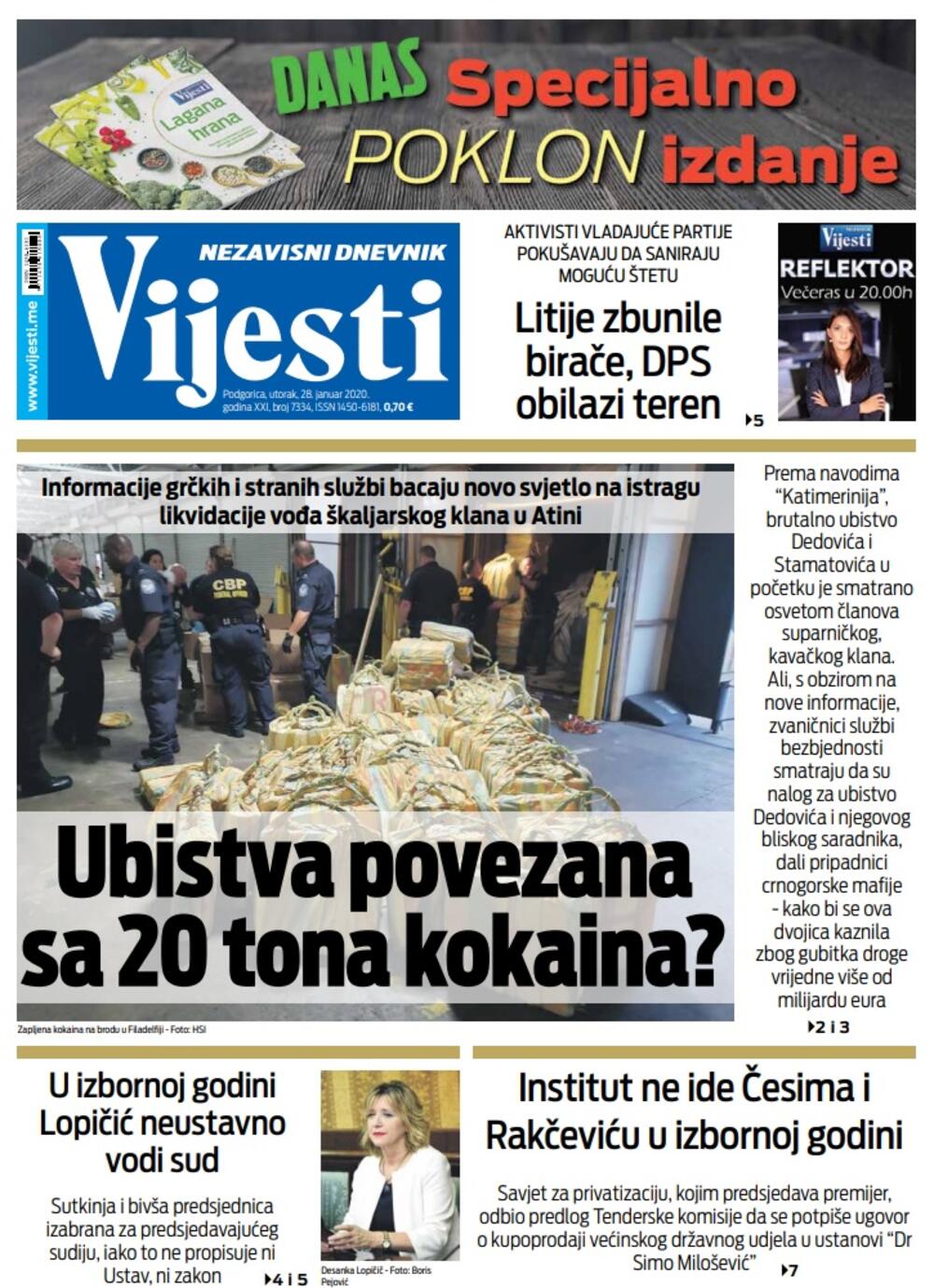 Naslovna strana "Vijesti" za 28. januar 2020. godine, Foto: "Vijesti"