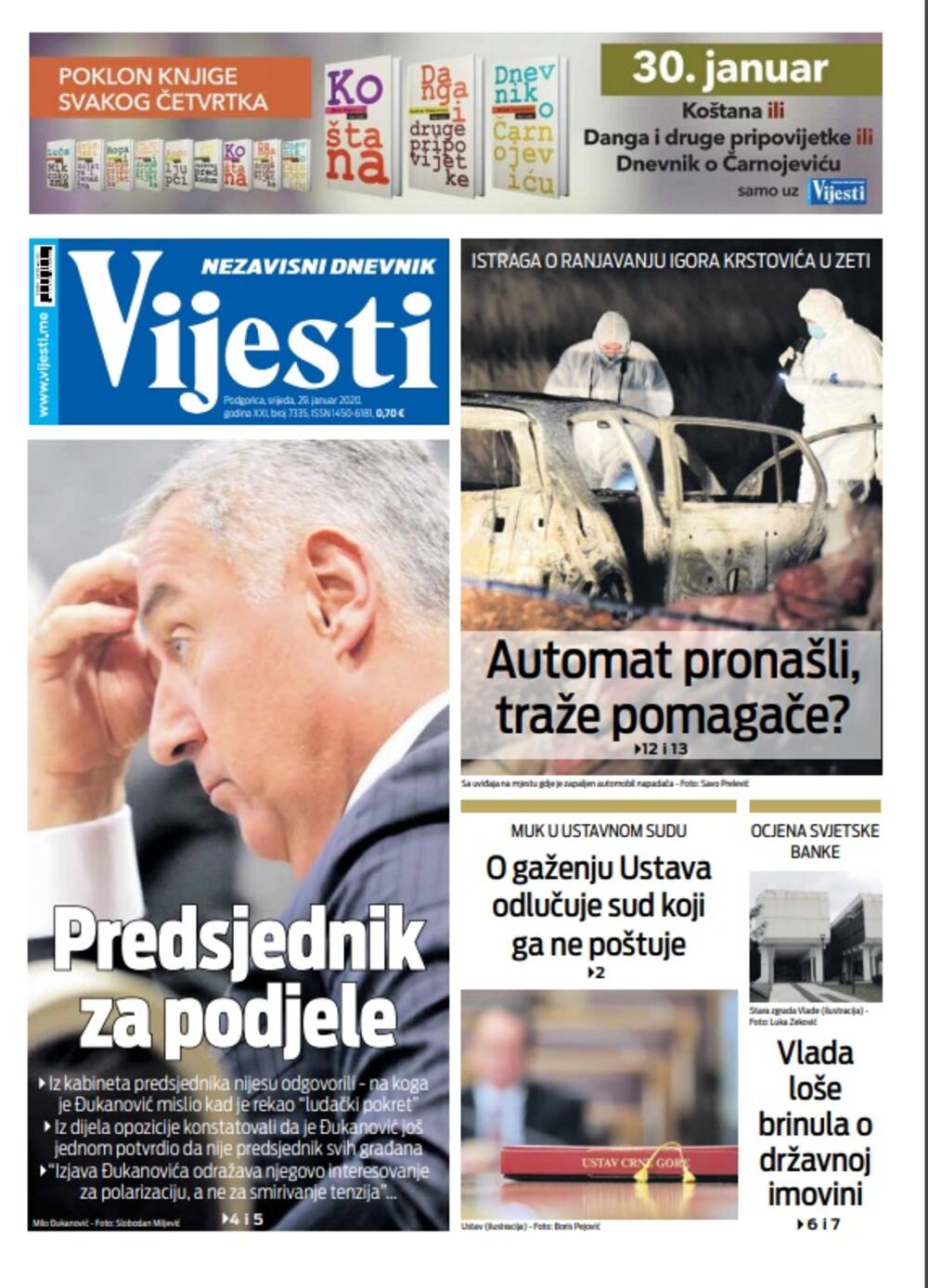Naslovna strana "Vijesti" za 29.01.2020., Foto: Vijesti