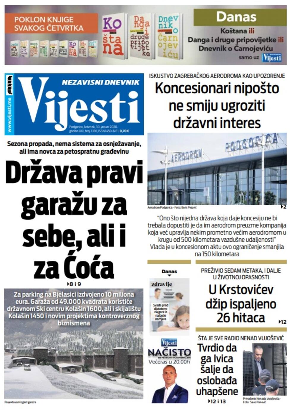 Naslovna strana "Vijesti" za 30. januar 2020. godine, Foto: "Vijesti"