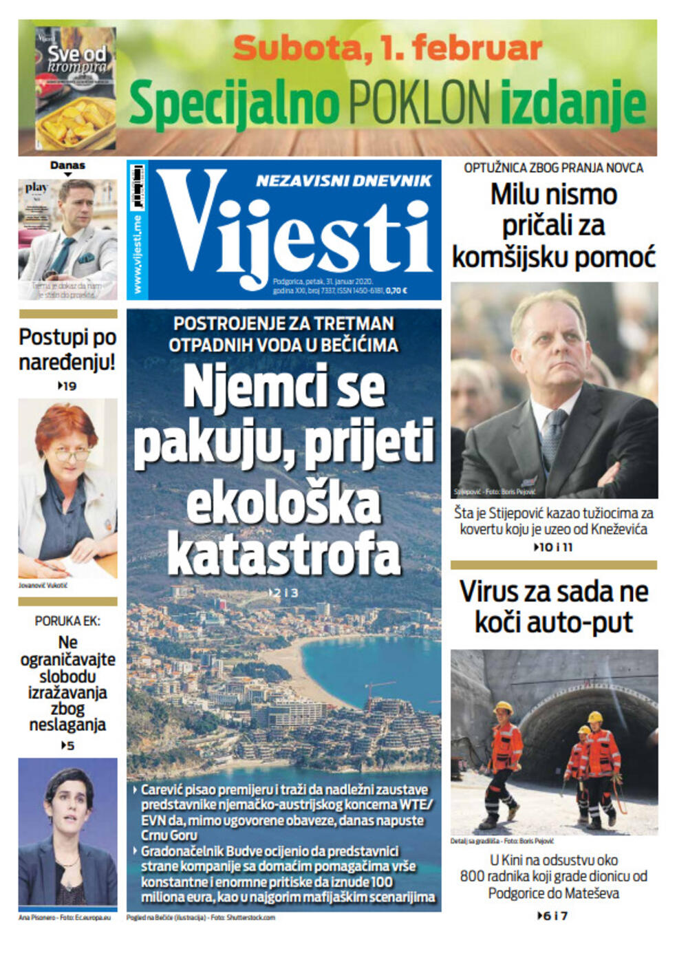 Naslovna strana Vijesti za 31. 01. 2020. godine, Foto: Vijesti