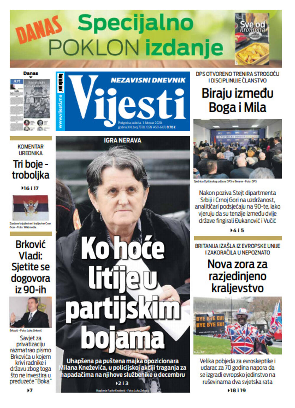 Naslovna strana "Vijesti" za prvi februar 2020. godine, Foto: "Vijesti"