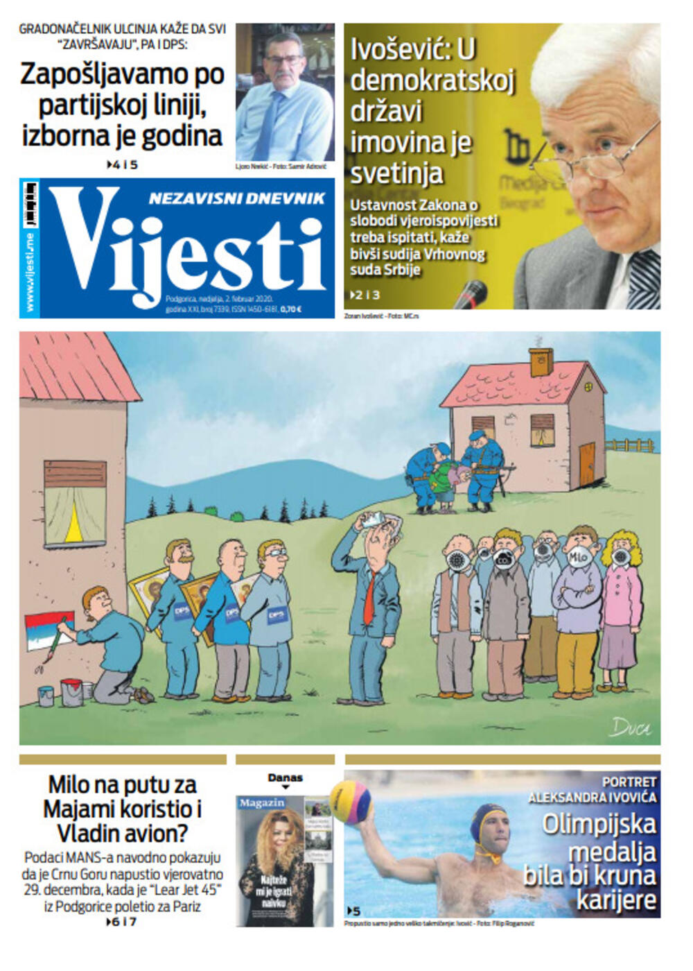 Naslovna strana "Vijesti" za drugi februar 2020. godine, Foto: "Vijesti"