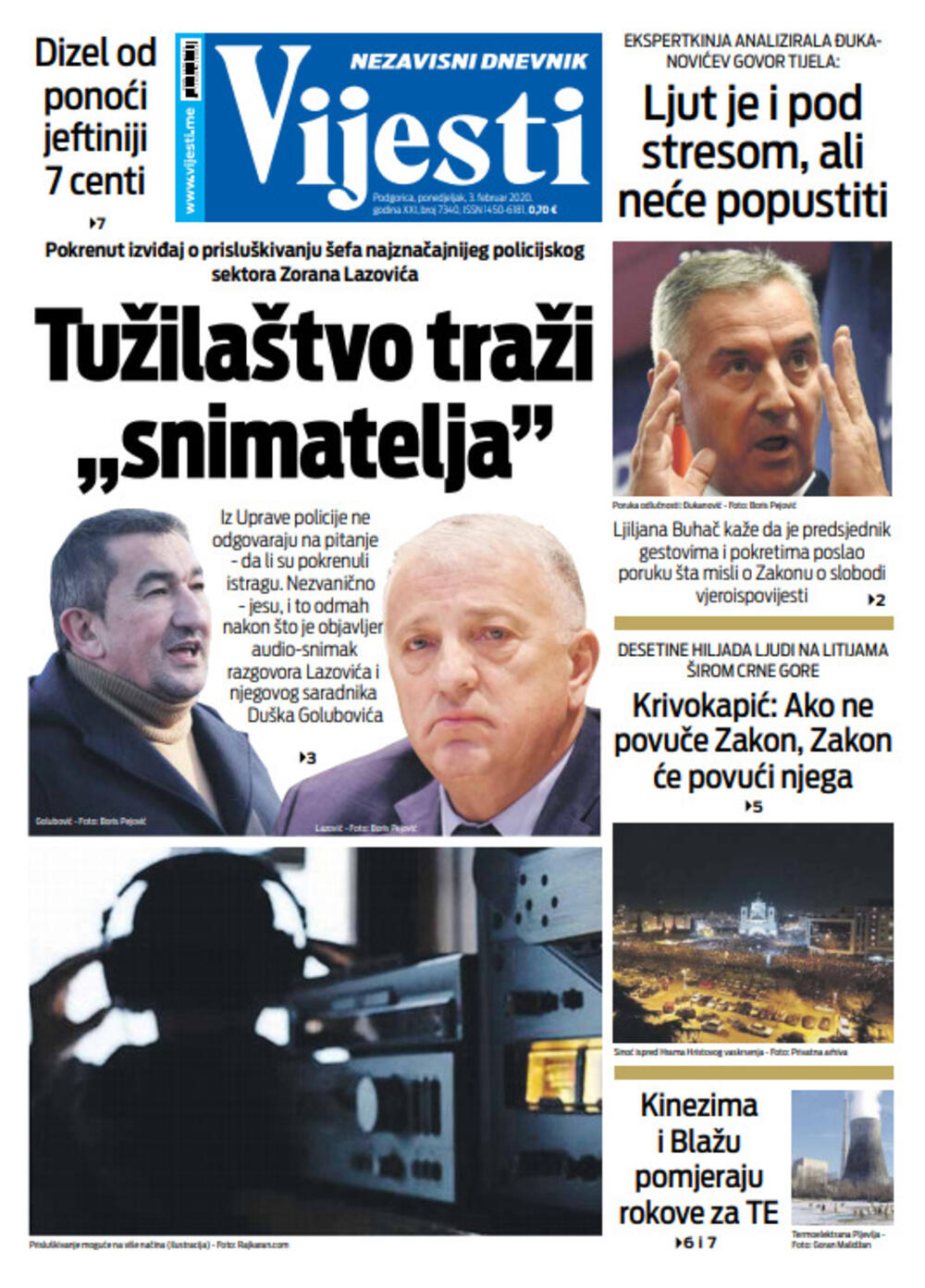 Naslovna strana "Vijesti" za treći februar 2020. godine, Foto: "Vijesti"