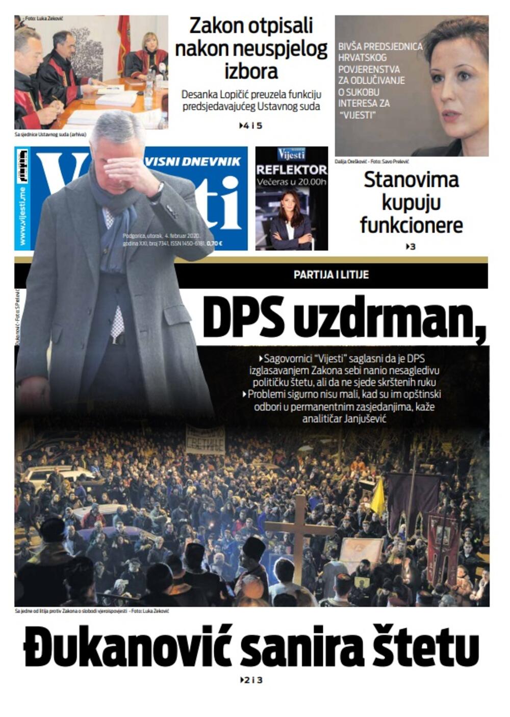 Naslovna strana "Vijesti" za 4.2.2020., Foto: Vijesti