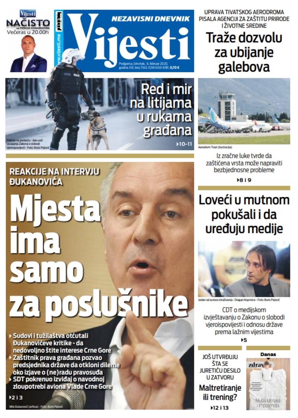 Naslovna strana "Vijesti" za 6. februar 2020. godine, Foto: "Vijesti"