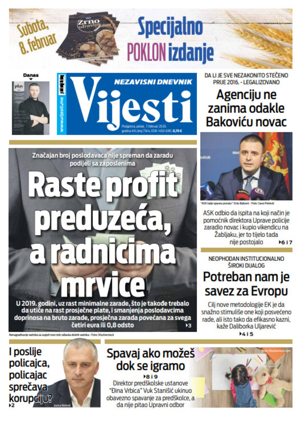 Naslovna strana "Vijesti" za sedmi februar, Foto: "Vijesti"
