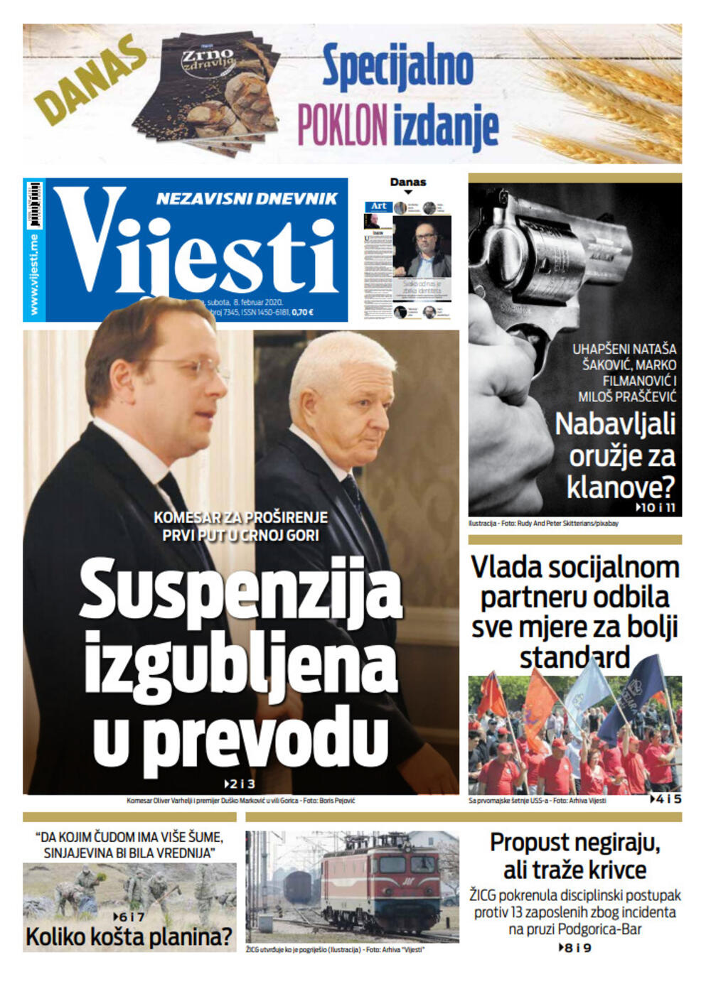 Naslovna strana "Vijesti" za 8. februar 2020., Foto: Vijesti