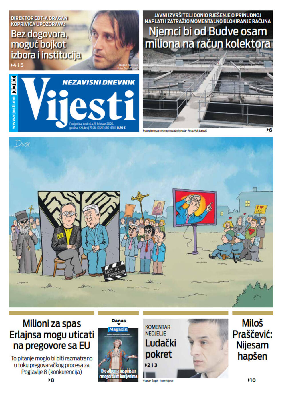 Naslovna strana "Vijesti" za 9. februar 2020., Foto: Vijesti