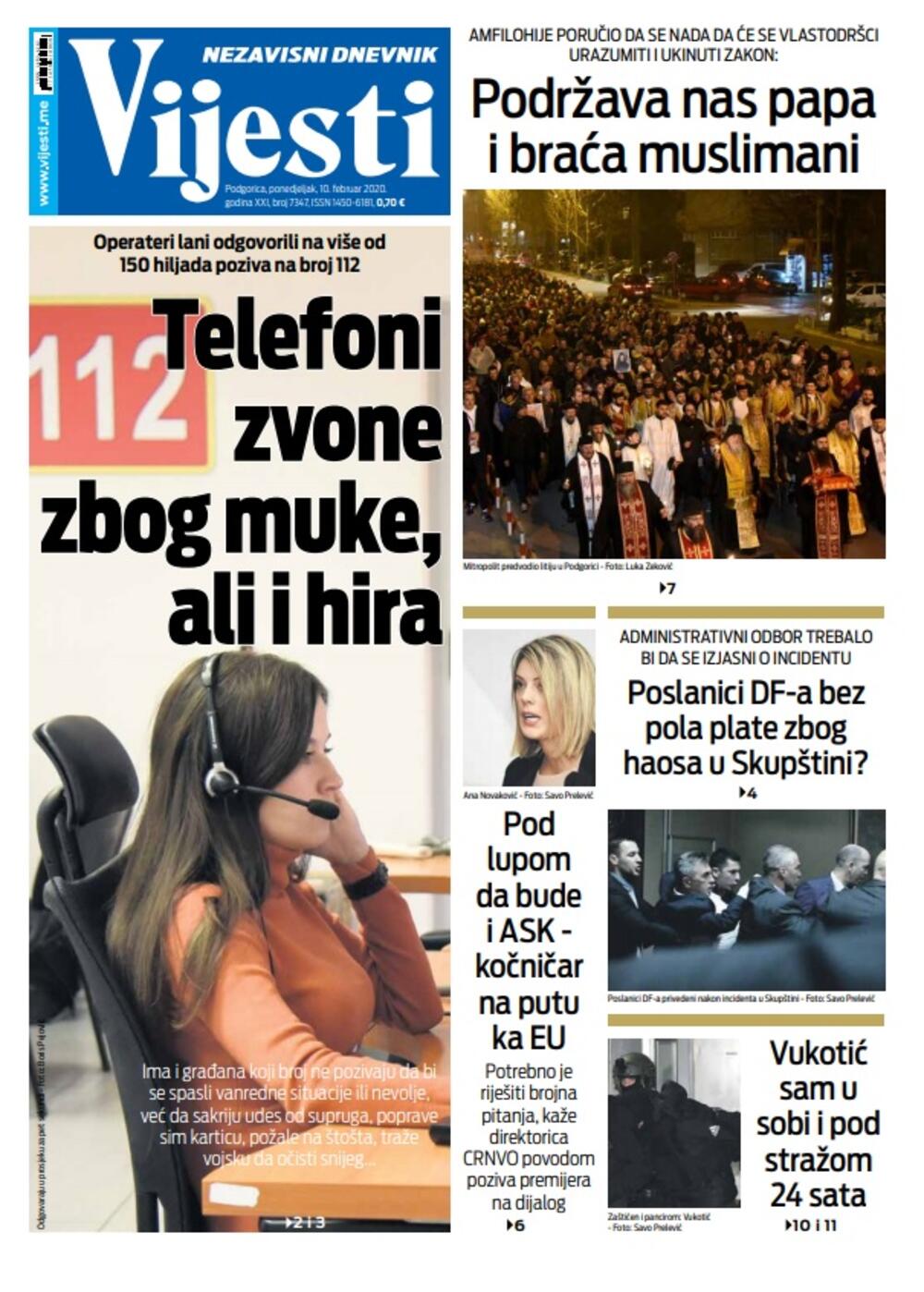 Naslovna strana Vijesti za 10.2.2020., Foto: Vijesti
