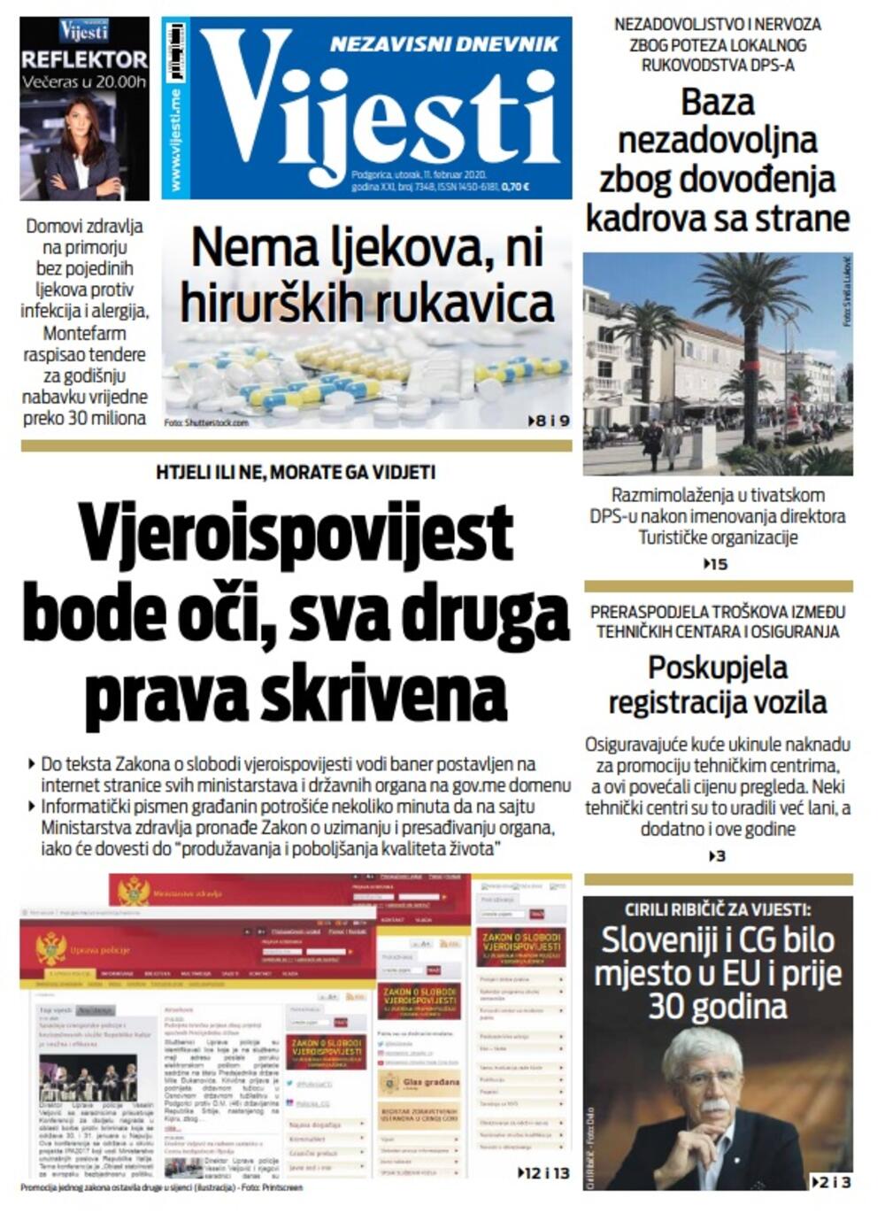 Naslovna strana "Vijesti" za utorak 11. februar 2020. godine