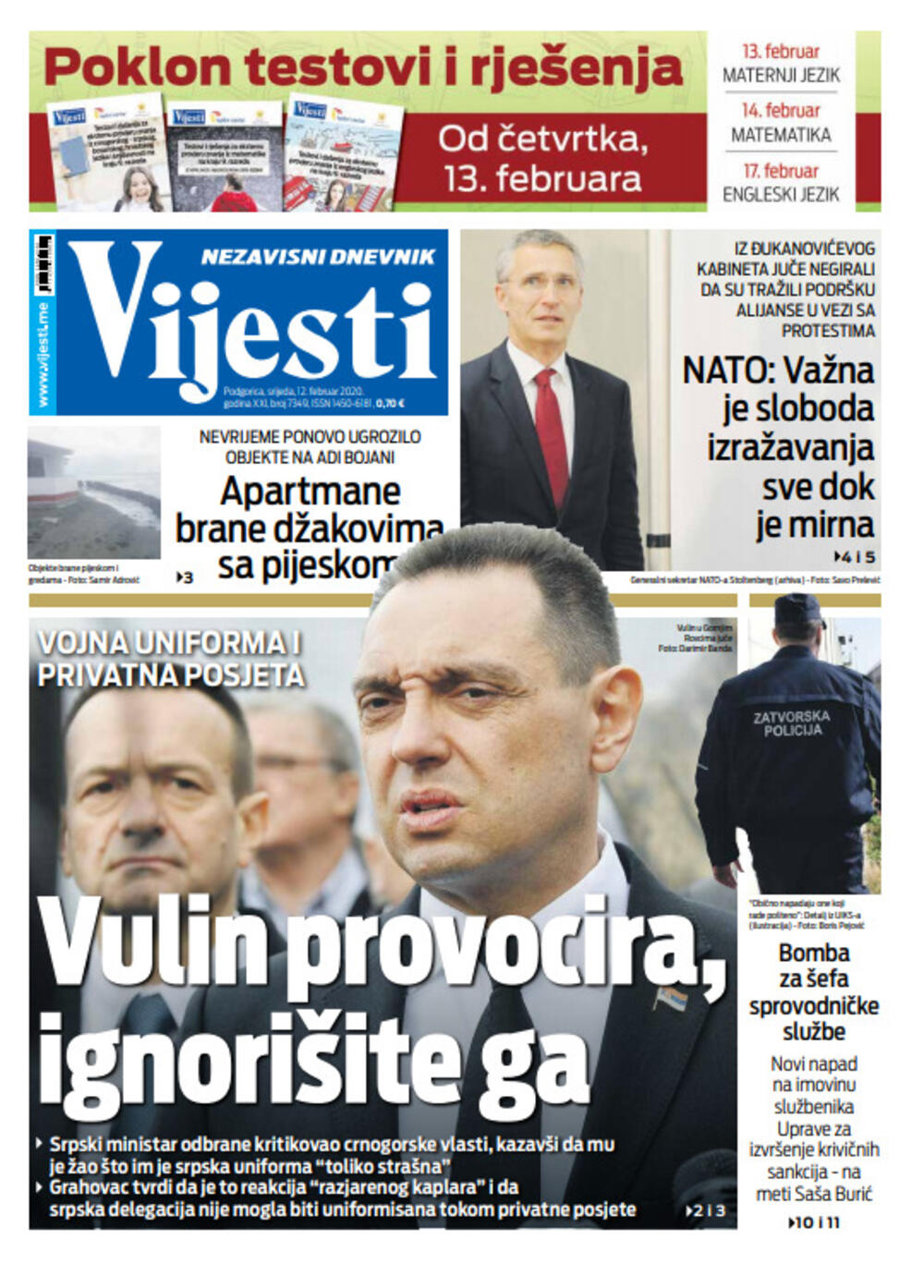 Naslovna strana "Vijesti" za 12. februar 2020. godine, Foto: "Vijesti"