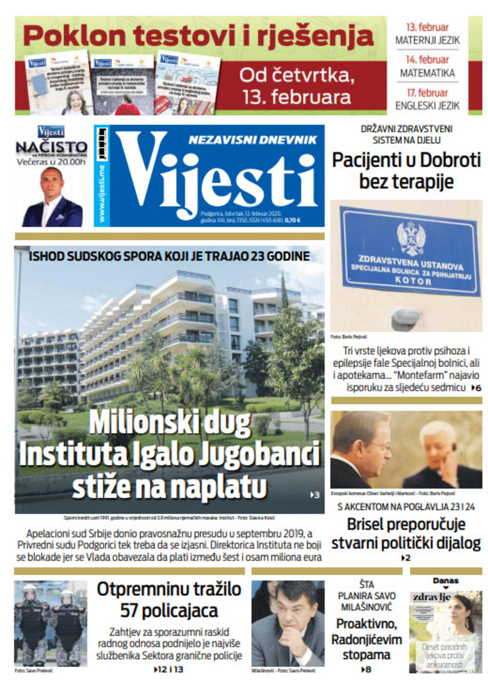 Naslovna strana "Vijesti" za 13. februar 2020. godine, Foto: "Vijesti"