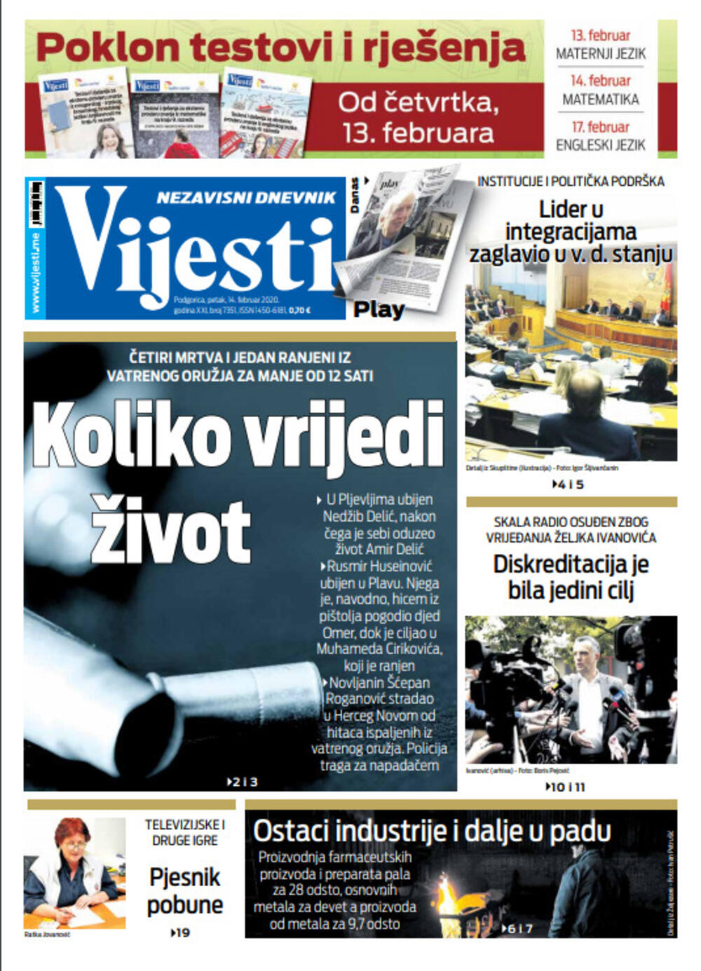 Naslovna strana "Vijesti" za 14. februar 2020. godine, Foto: Vijesti
