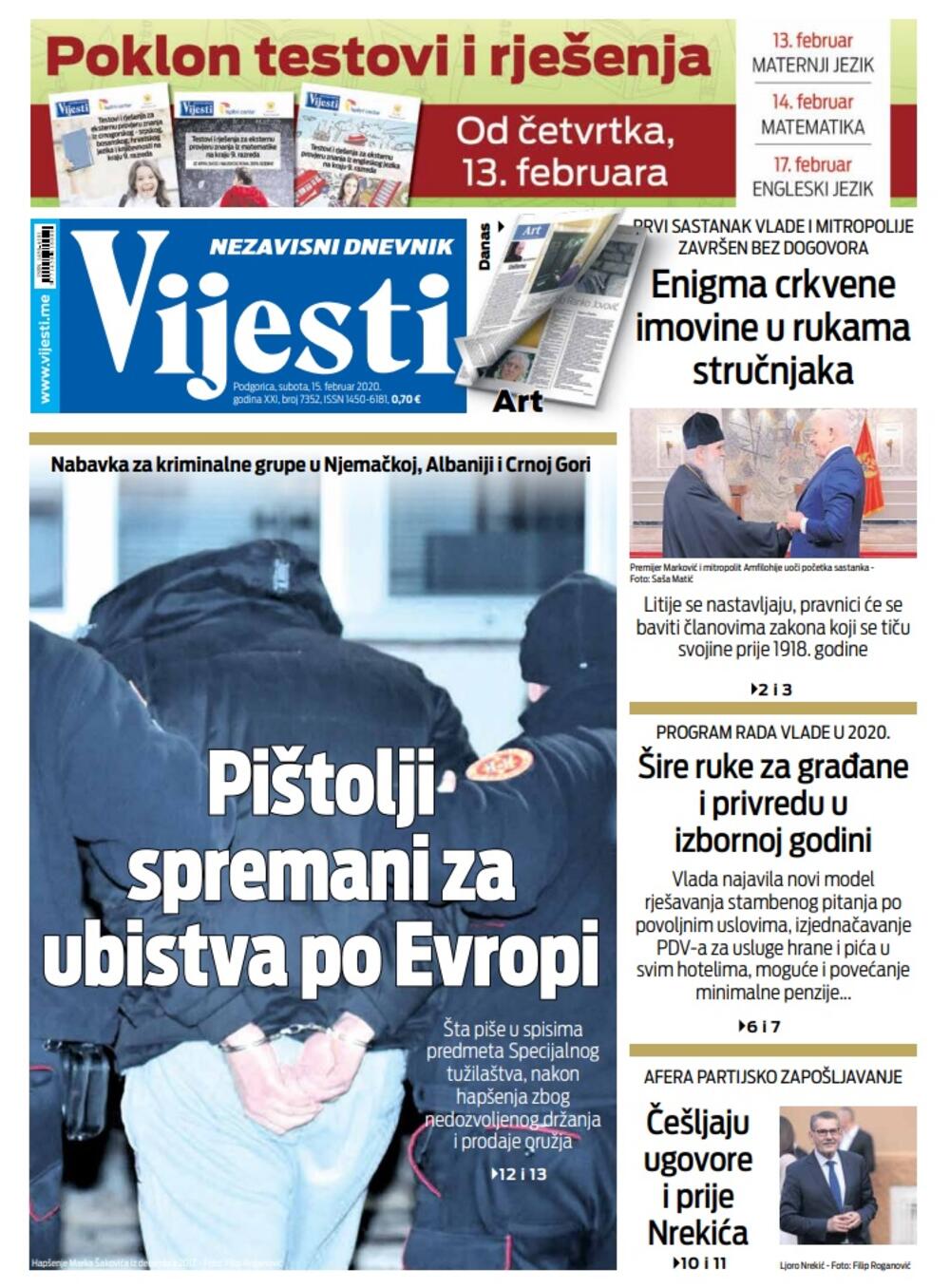 Naslovna strana "Vijesti" za subotu 15. februar 2020. godine, Foto: "Vijesti"
