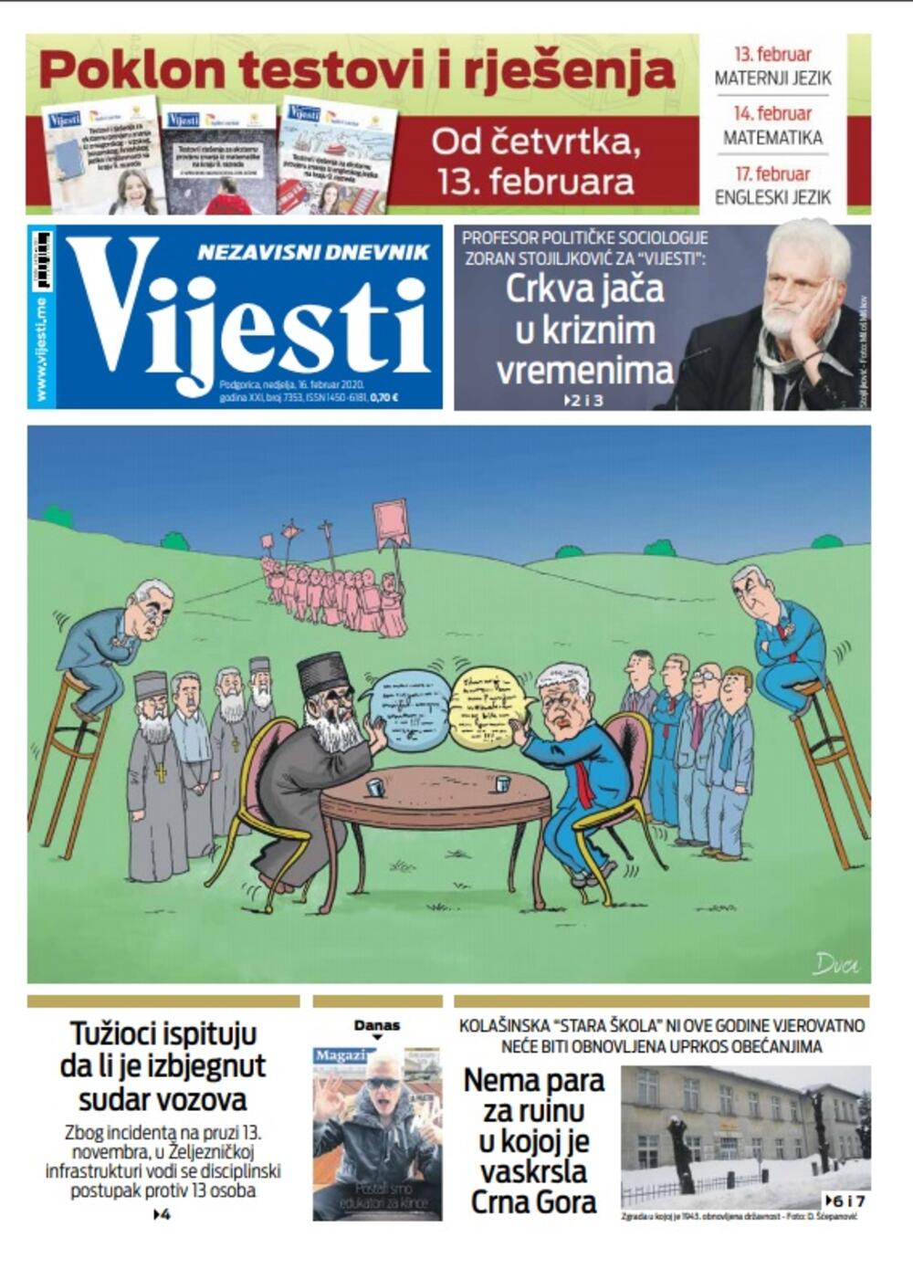Naslovna strana "Vijesti" za 16.02.2020., Foto: Vijesti