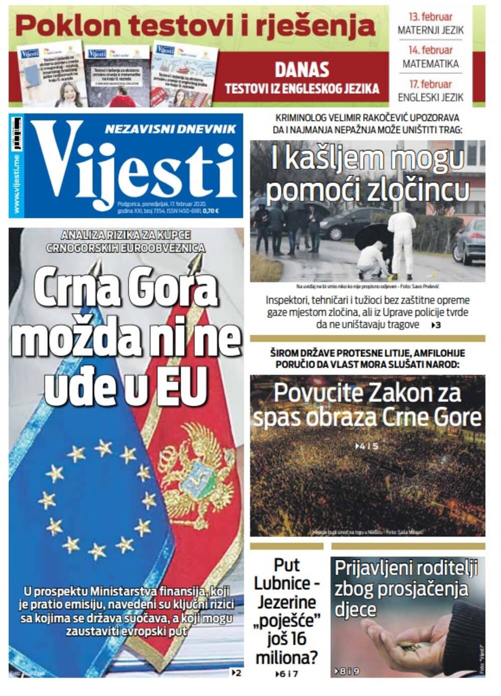 Naslovna strana "Vijesti" za 17. februar 2020. godine, Foto: "Vijesti"