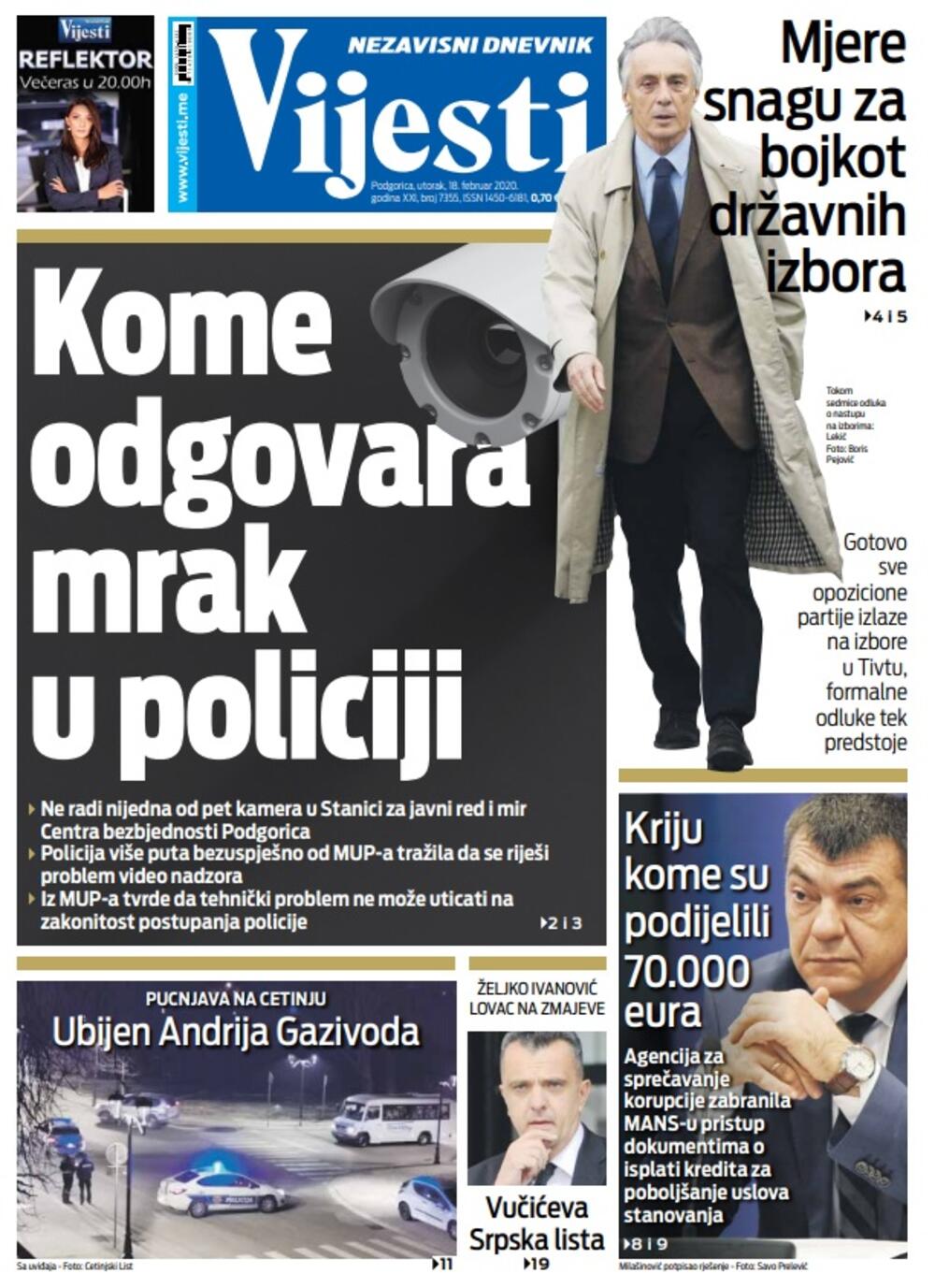 Naslovna strana "Vijesti" za 18. februar 2020. godine, Foto: "Vijesti"