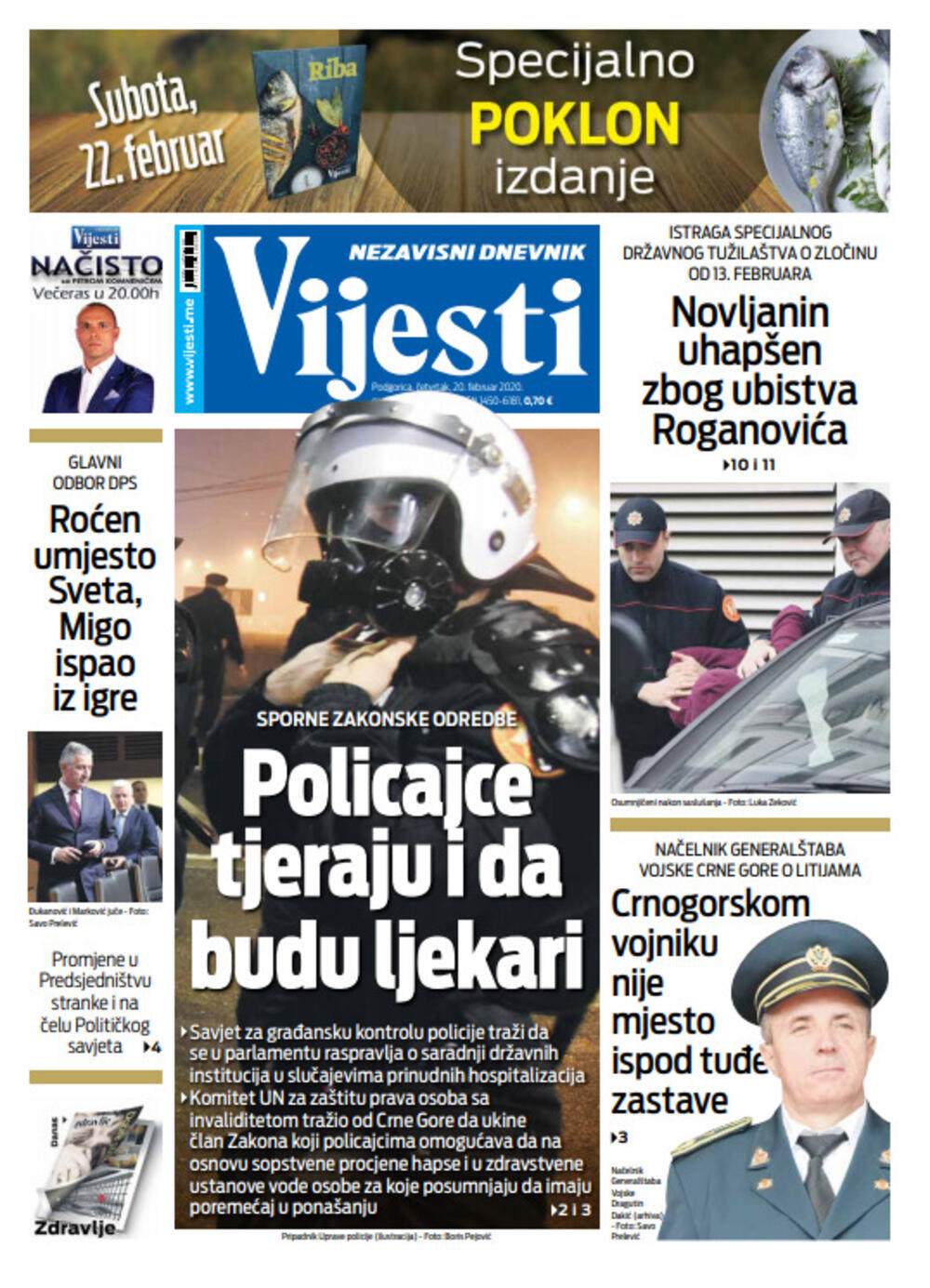 Naslovna strana "Vijesti" za 20. februar 2020. godine, Foto: Vijesti