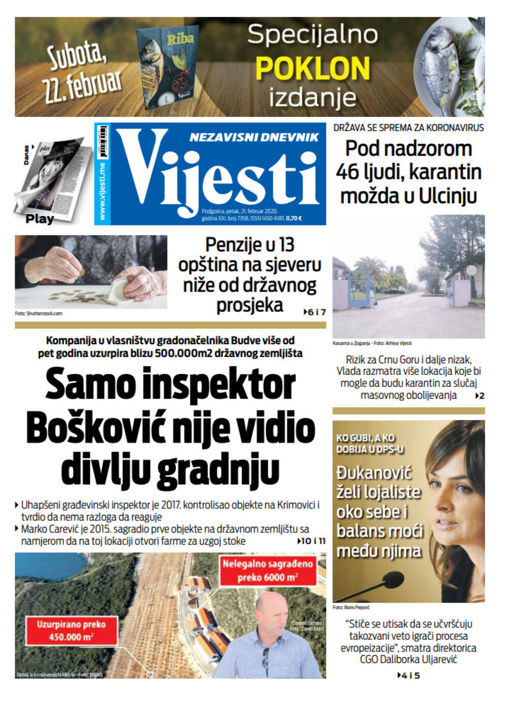 Naslovna strana "Vijesti" za 21. februar 2020., Foto: Vijesti
