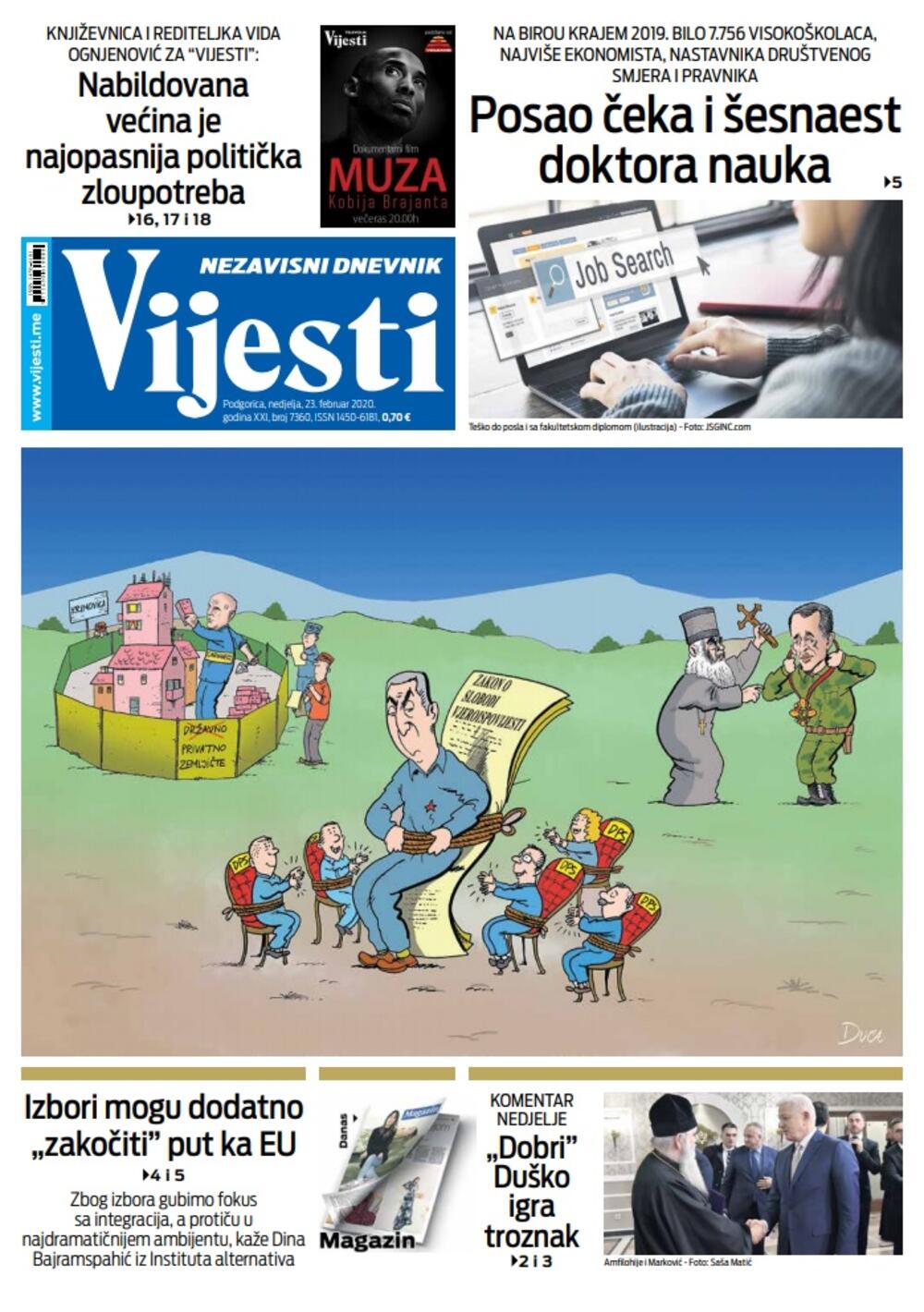 Naslovna strana "Vijesti" za 23. februar 2020. godine, Foto: "Vijesti"