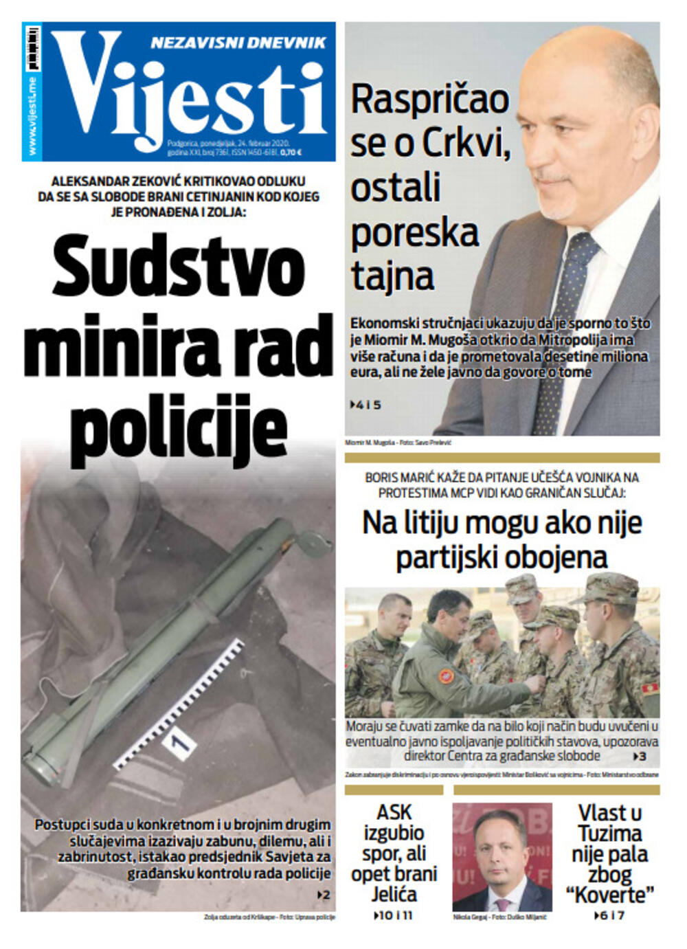 Naslovna strana "Vijesti" za 24. februar 2020. godine, Foto: "Vijesti"