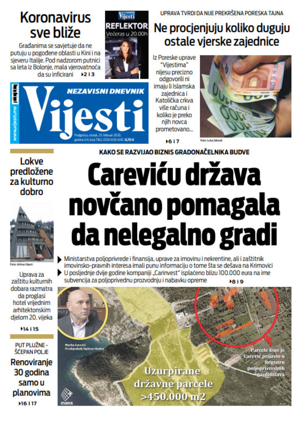 Naslovna strana "Vijesti" za 25. februar 2020. godine, Foto: "Vijesti"