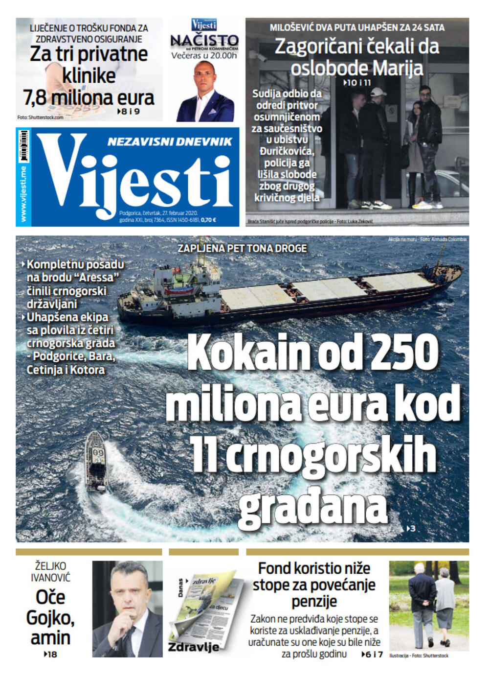 Naslovna strana "Vijesti" za 27. februar 2020.