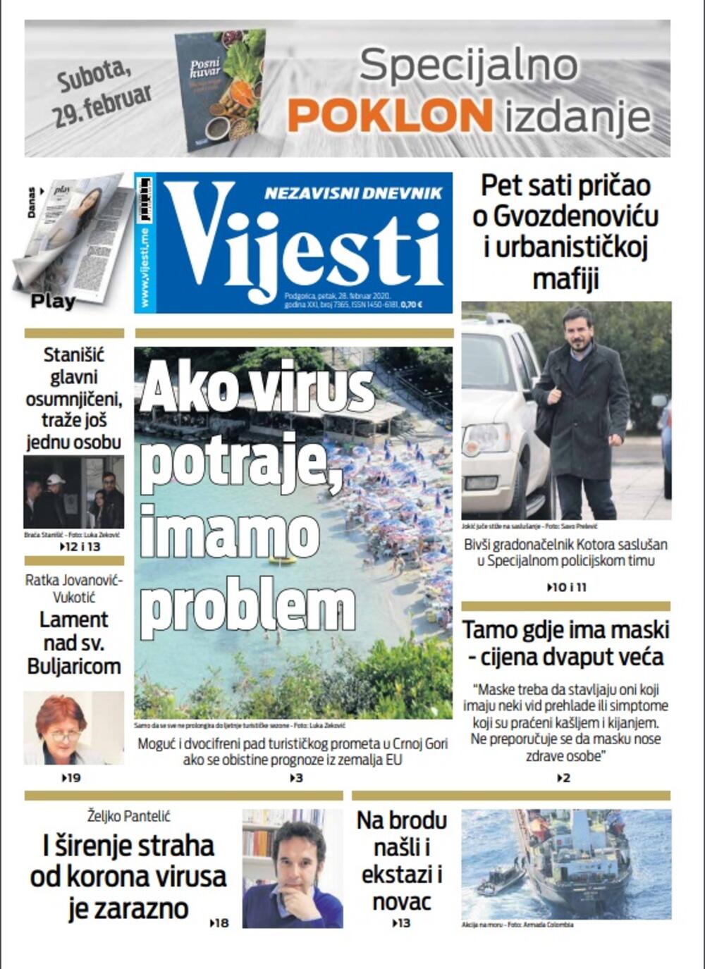 Naslovna strana "Vijesti" 28.2.2020., Foto: Vijesti