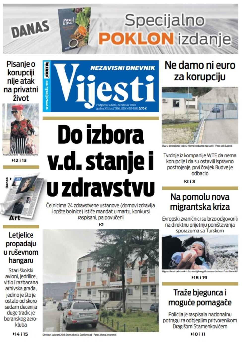 Naslovna strana "Vijesti" za subotu 29. februar 2020. godine, Foto: Vijesti