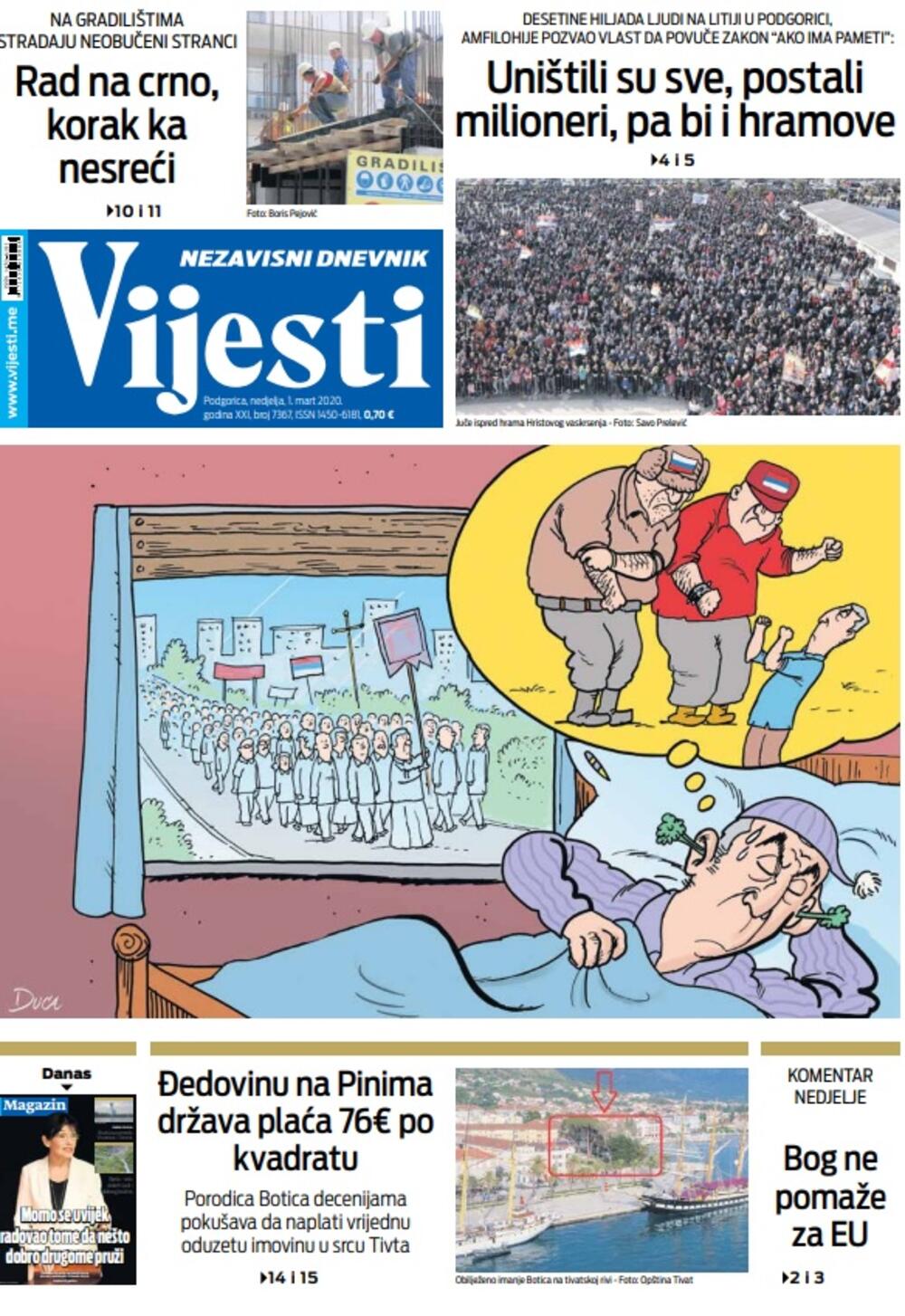 Naslovna strana "Vijesti" za nedjelju 1. mart 2020. godine, Foto: "Vijesti"