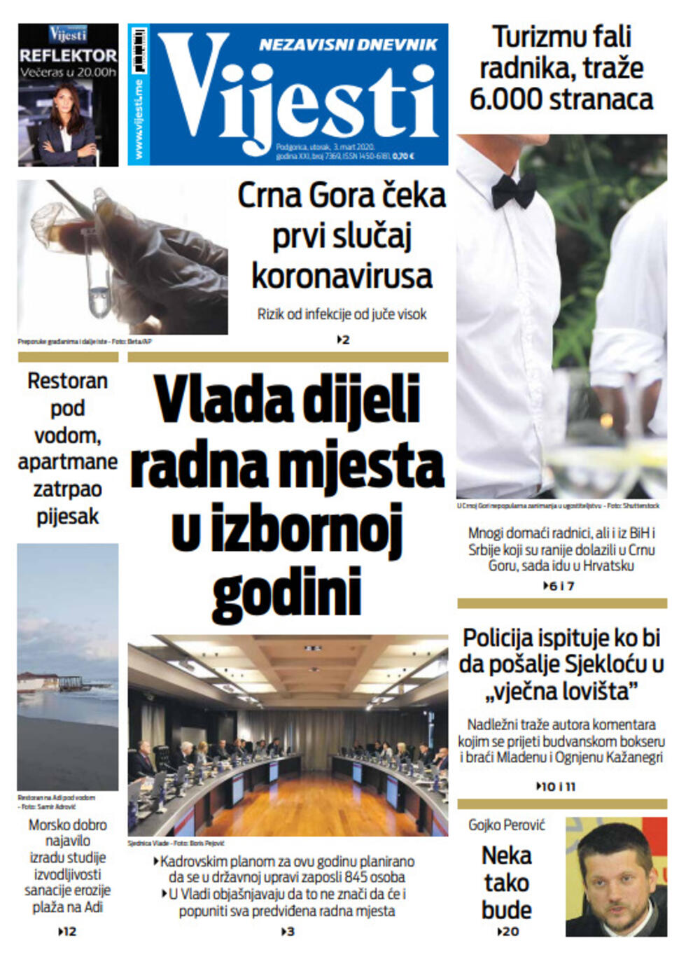Naslovna strana "Vijesti" za treći mart 2020. godine, Foto: "Vijesti"