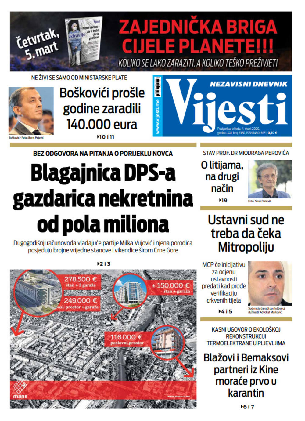 Naslovna strana "Vijesti" za 4. mart 2020., Foto: Vijesti